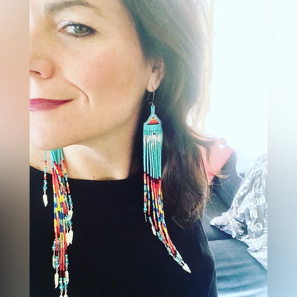 “Thunderbird and Fire” long beaded designer earrings